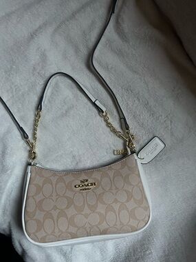 Coach Small Signature Canvas Shoulder Bag in Khaki and Chalk